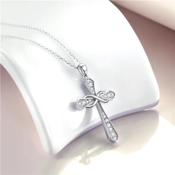 Women's Cross Necklace 925 Sterling Silver Cubic Zirconia Birthstone - Picture 3 of 4